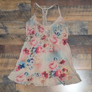 Decree Pink and Tan Floral Babydoll Camisole Tank Top